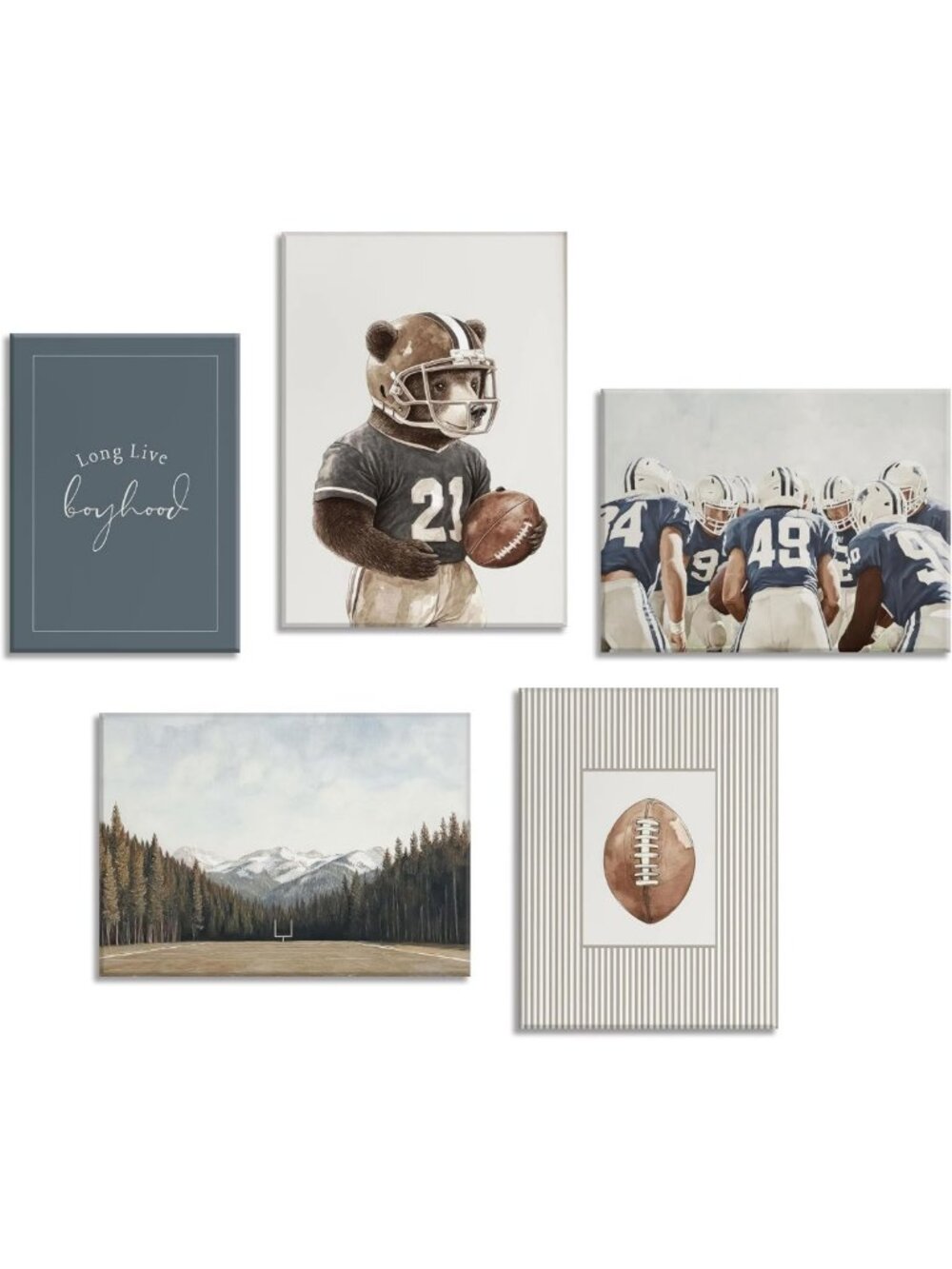 Vintage Sports Nursery Wall Art Set - 5 Framed Prints for Boys Room Decor